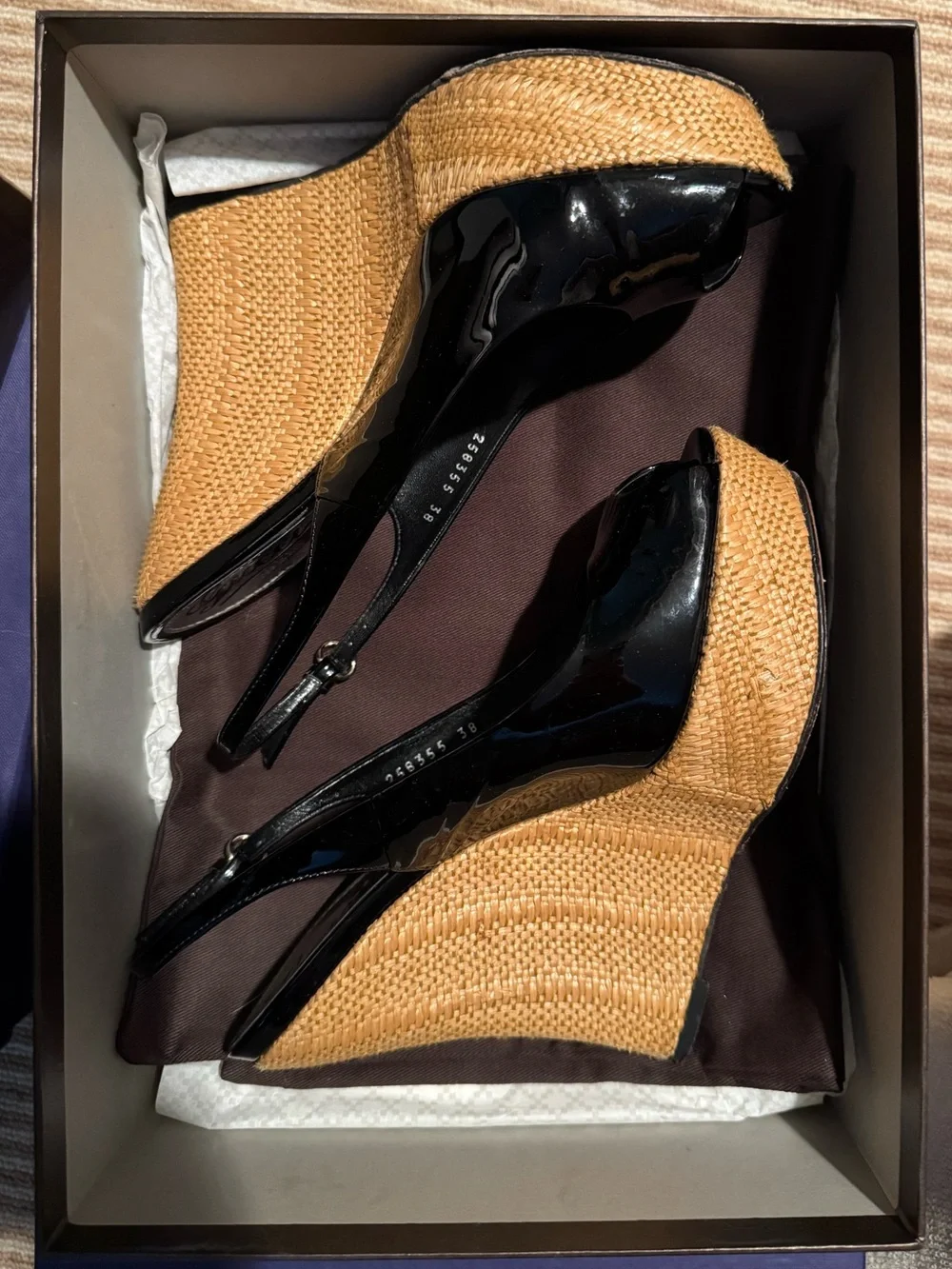 Gucci Black Patent Open Toe Wedges